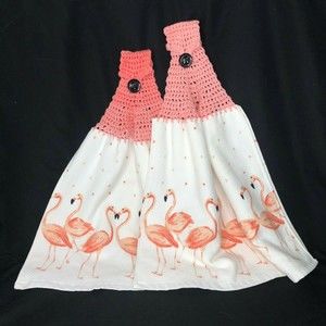 Hand Crochet Kitchen Towels 2 Deborah Connolly Designs Flamingos New